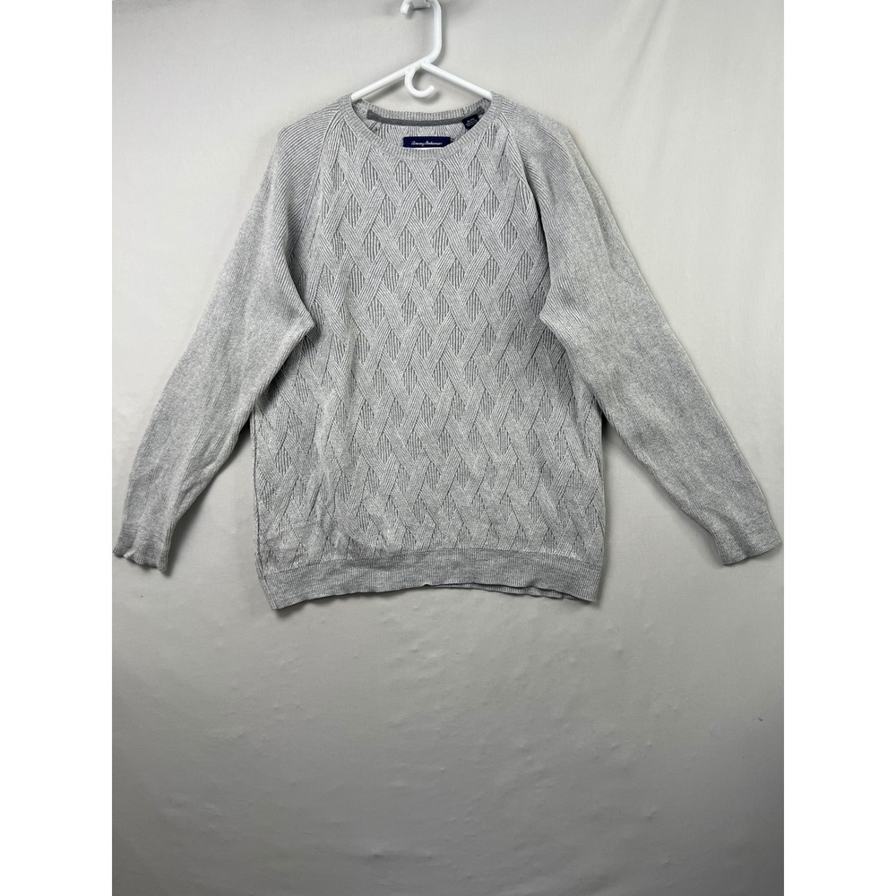 Tommy Bahama Sweater Mens XL Gray Excellent Cotton Diamond Cable Knit Raglan